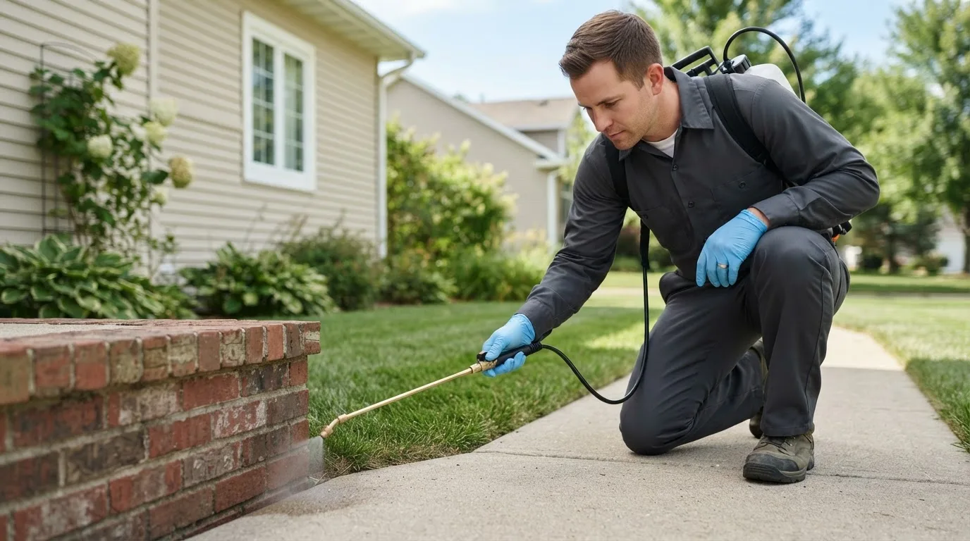 Pest control technician treating a home near Jay, ME